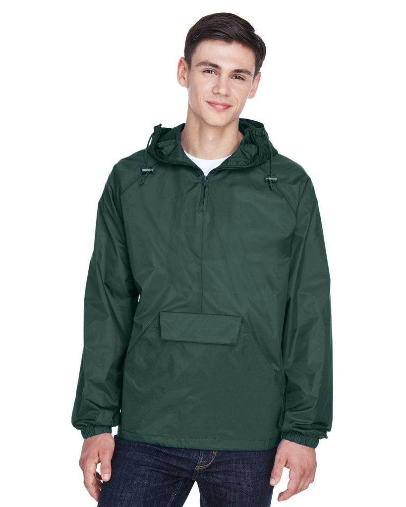 UltraClub-8925-Adult Quarter-Zip Hooded Pullover Pack-Away Jacket-FOREST GREEN