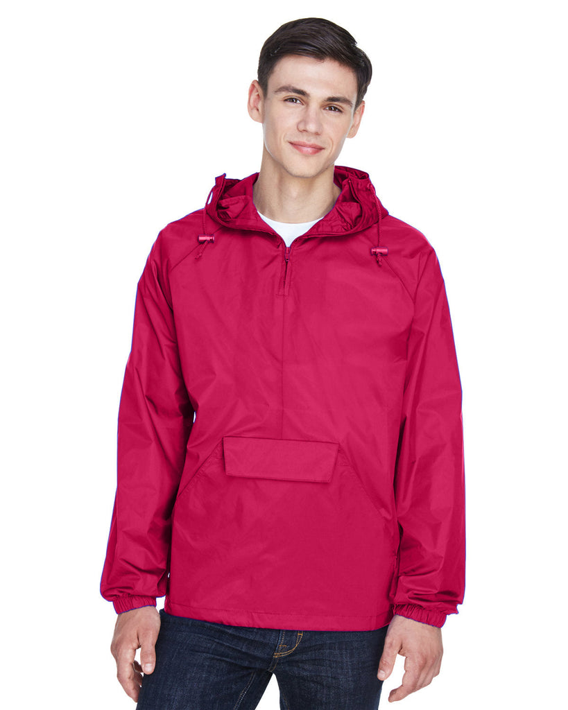 UltraClub-8925-Adult Quarter-Zip Hooded Pullover Pack-Away Jacket-RED