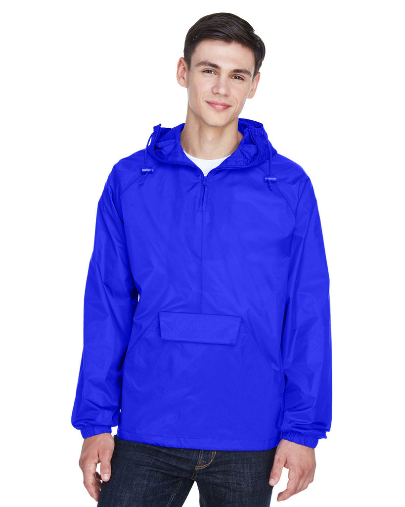 UltraClub-8925-Adult Quarter-Zip Hooded Pullover Pack-Away Jacket-ROYAL