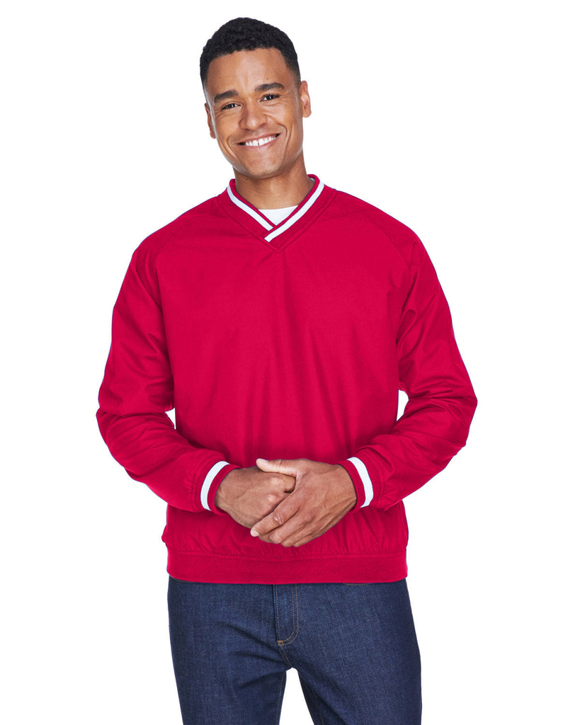 UltraClub-8926-Adult Long-Sleeve Microfiber Crossover V-Neck Wind Shirt-RED/ WHITE