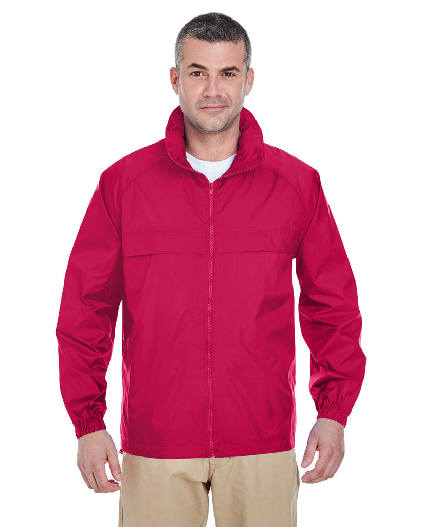 UltraClub-8929-Adult Full-Zip Hooded Pack-Away Jacket-RED