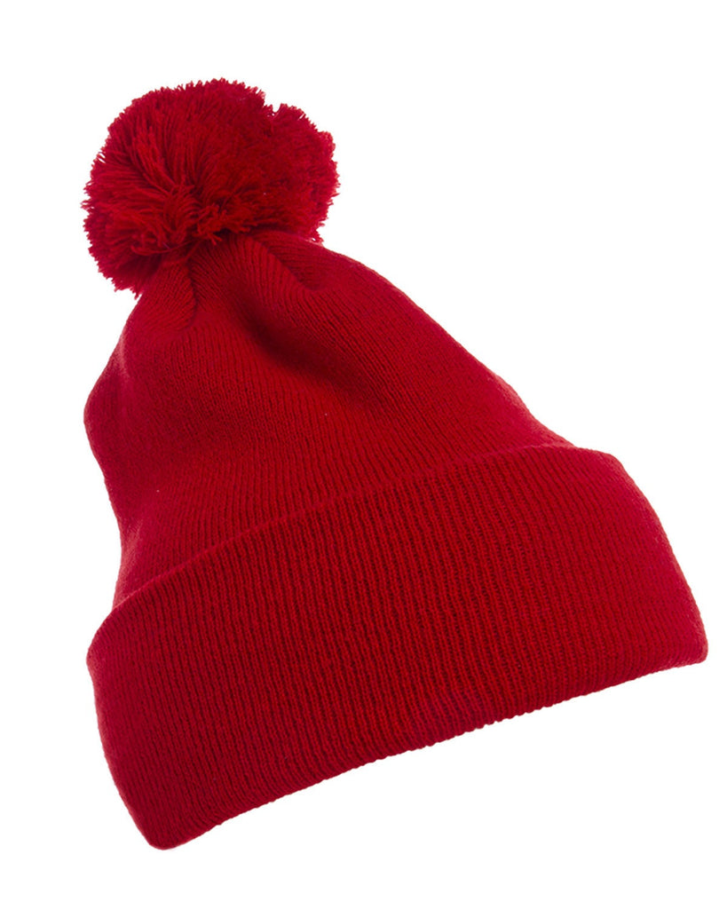 Yupoong-1501P-Cuffed Knit Beanie with Pom Pom Hat-RED