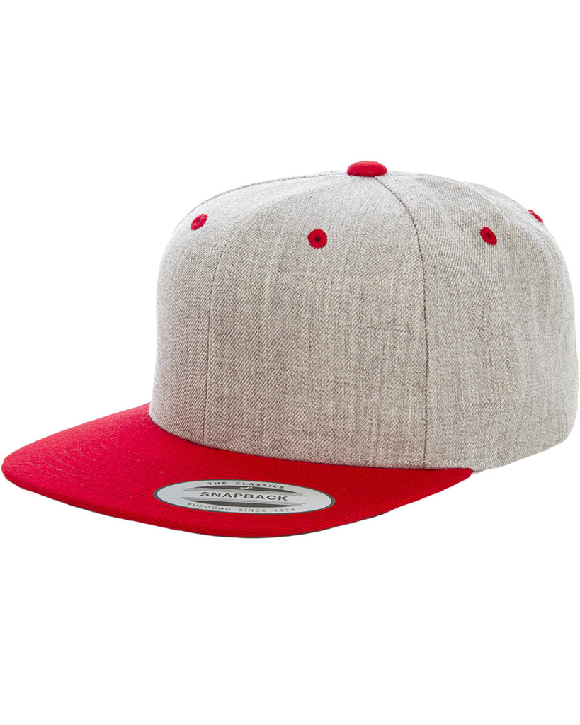 Yupoong-6089MT-Adult 6-Panel Structured Flat Visor Classic Two-Tone Snapback-HEATHER/ RED