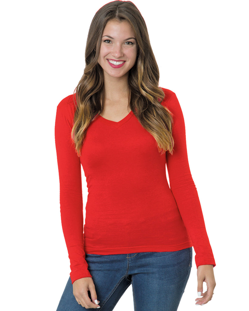 Bayside-BA3415-Junior'S Fine Jersey Long Sleeve V Neck T Shirt-RED