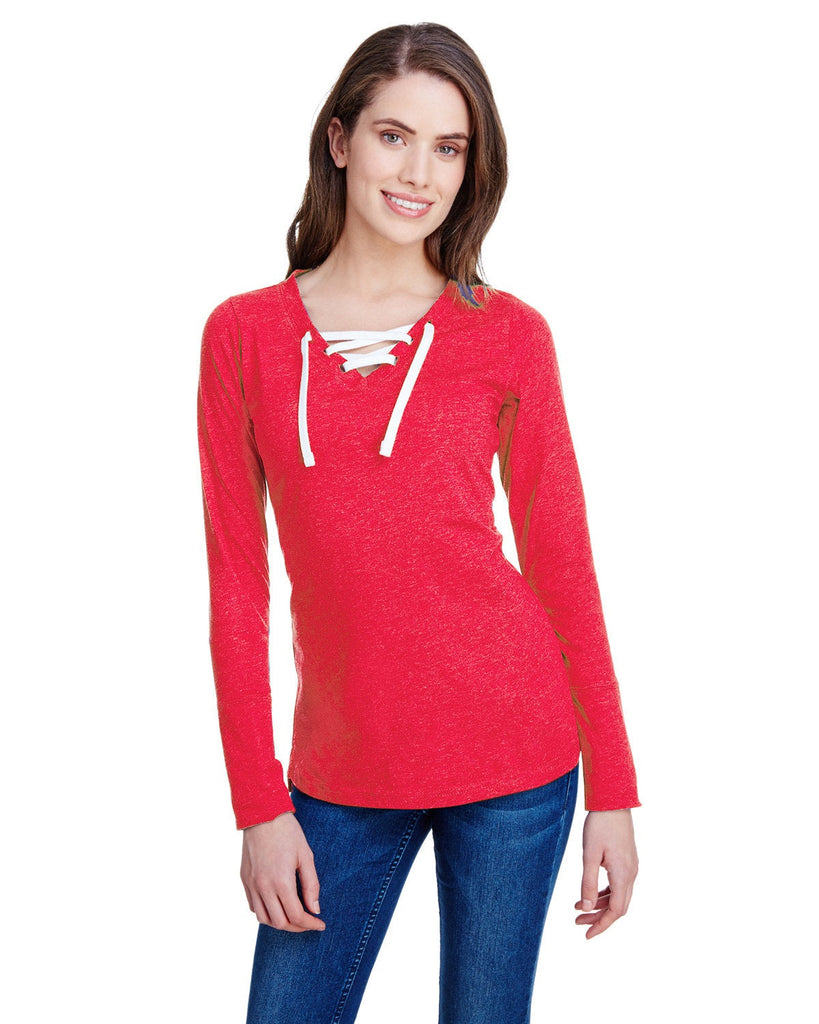 LAT-LA3538-Long Sleeve Fine Jersey Lace Up T Shirt-VINTAGE RED/ WHT