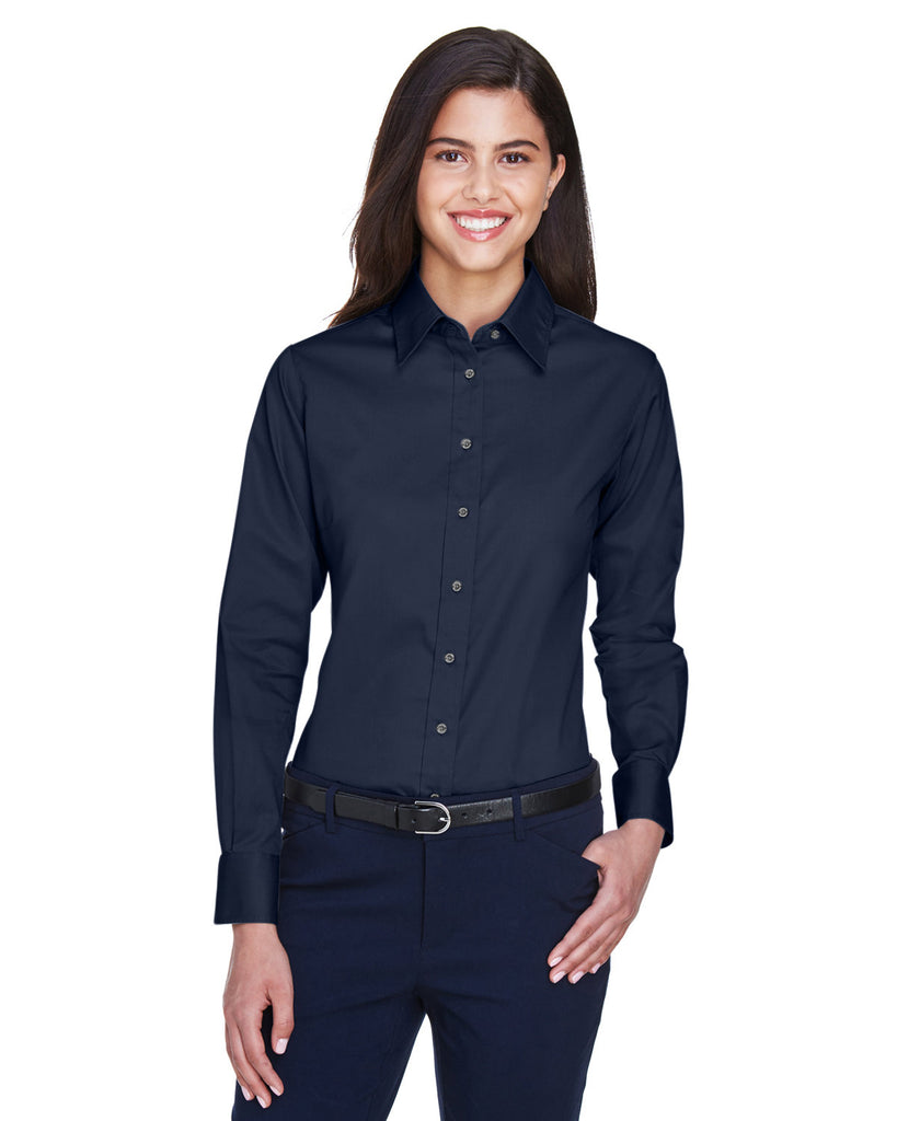 Harriton-M500W-Easy Blend Long Sleeve Twill▀Shirt With Stain Release-NAVY