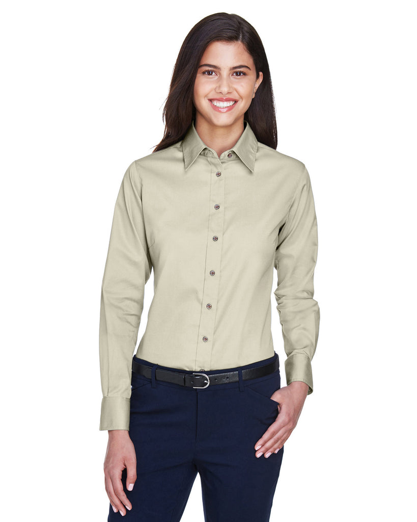 Harriton-M500W-Easy Blend Long Sleeve Twill▀Shirt With Stain Release-CREME