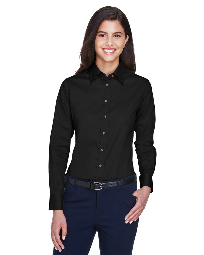 Harriton-M500W-Easy Blend Long Sleeve Twill▀Shirt With Stain Release-BLACK