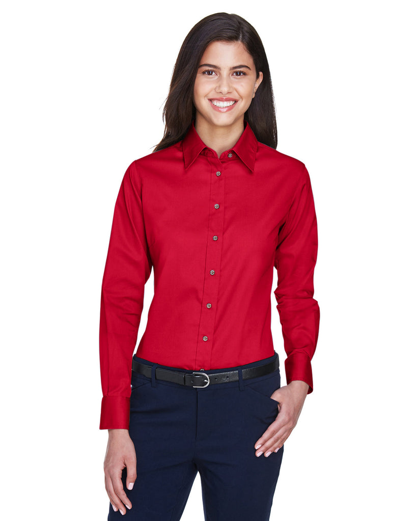 Harriton-M500W-Easy Blend Long Sleeve Twill▀Shirt With Stain Release-RED