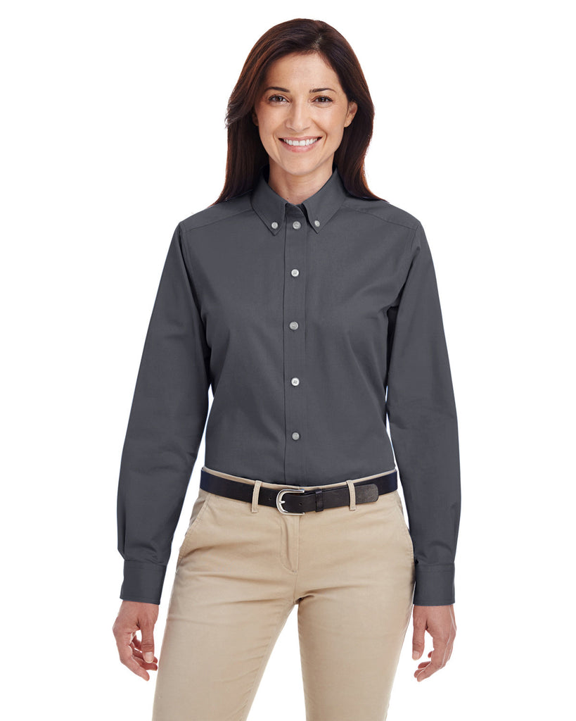 Harriton-M581W-Foundation Cotton Long Sleeve Twill Shirt With▀Teflon-DARK CHARCOAL