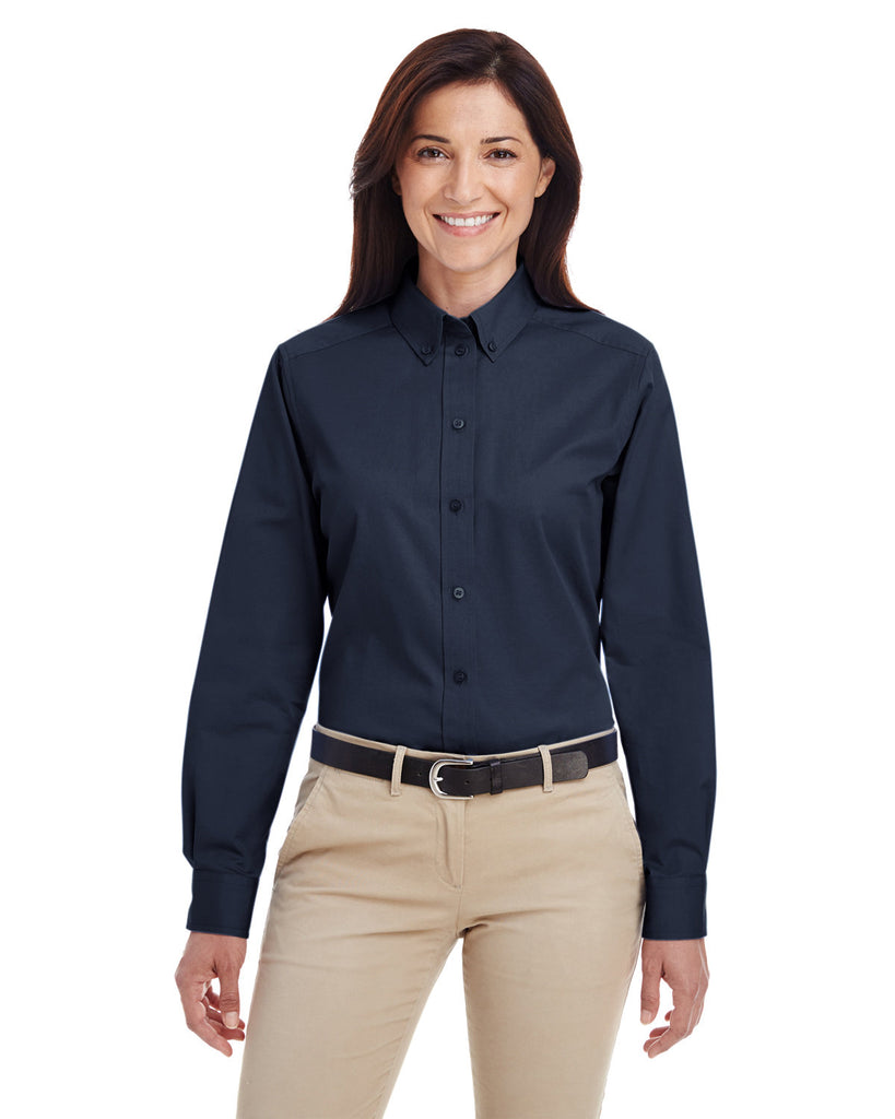 Harriton-M581W-Foundation Cotton Long Sleeve Twill Shirt With▀Teflon-DARK NAVY