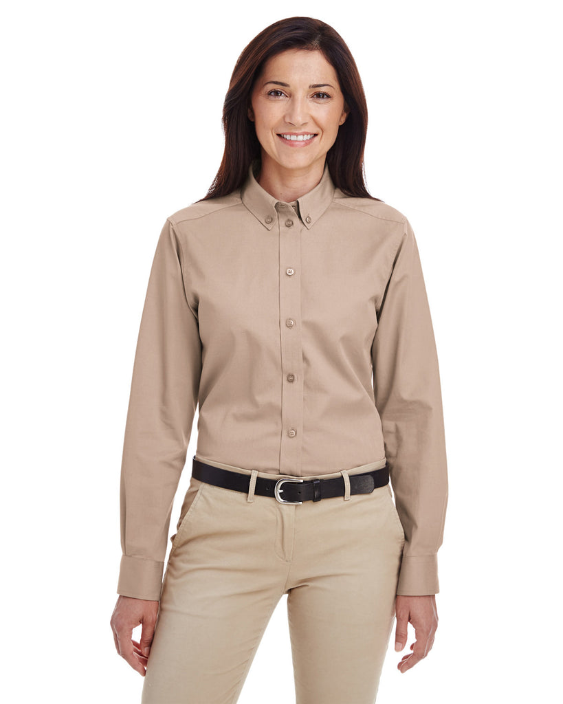 Harriton-M581W-Foundation Cotton Long Sleeve Twill Shirt With▀Teflon-KHAKI