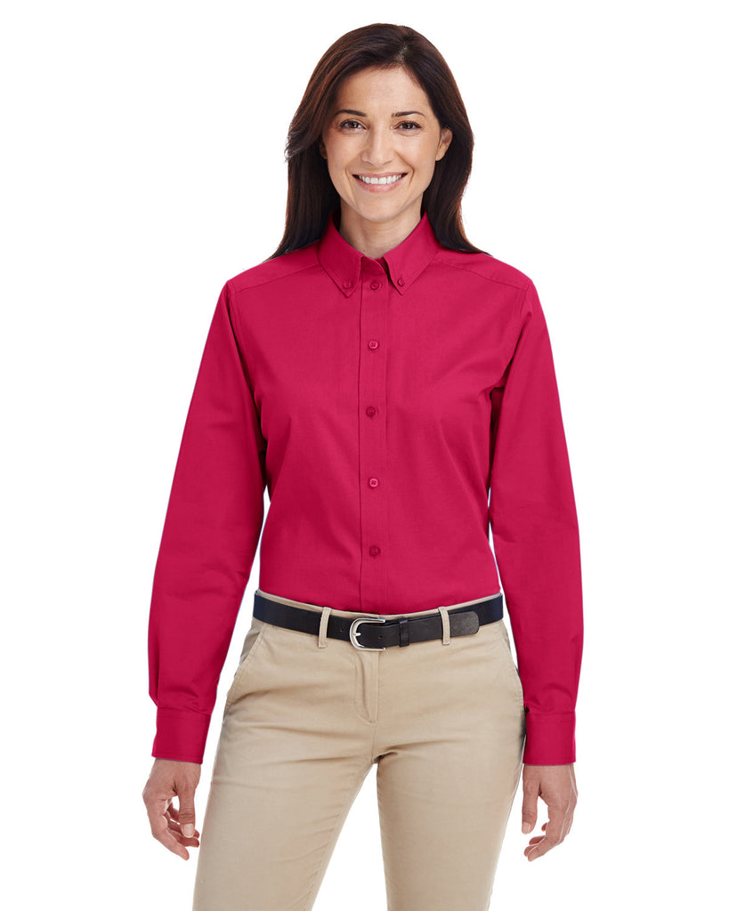 Harriton-M581W-Foundation Cotton Long Sleeve Twill Shirt With▀Teflon-RED