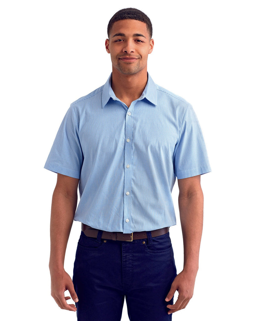 Mens Microcheck Gingham Short-Sleeve Cotton Shirt-LT BLUE/ WHITE