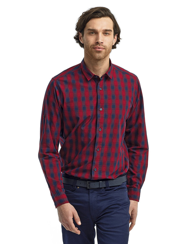 Men's Mulligan Check Long-Sleeve Cotton Shirt-RED/ NAVY