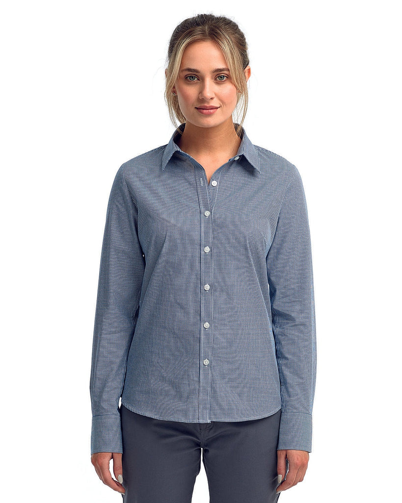Ladies' Microcheck Gingham Long-Sleeve Cotton Shirt-NAVY/ WHITE