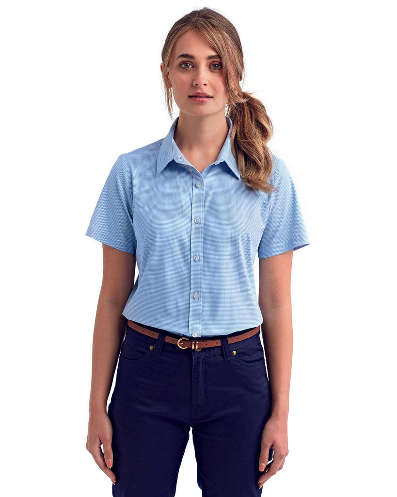 Ladies' Microcheck Gingham Short-Sleeve Cotton Shirt-LT BLUE/ WHITE
