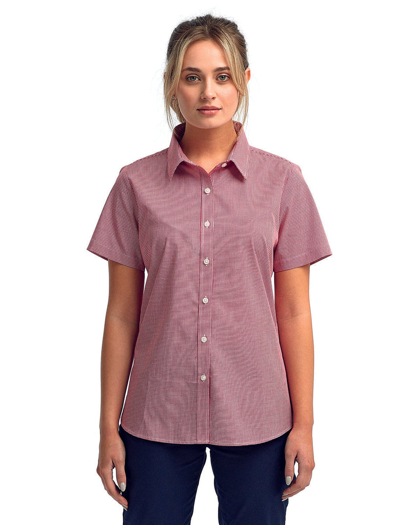 Ladies' Microcheck Gingham Short-Sleeve Cotton Shirt-RED/ WHITE