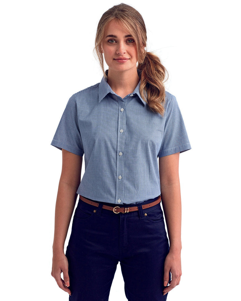 Ladies' Microcheck Gingham Short-Sleeve Cotton Shirt-NAVY/ WHITE