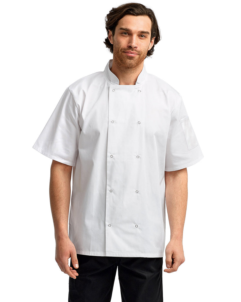 Unisex Studded Front Short-Sleeve Chef's Coat-WHITE